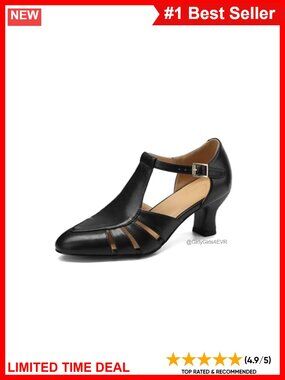 Mary Jane Kitten Heels T-Strap Low Retro Pumps Faux Leather